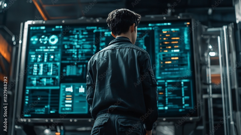 Poster Technician standing in front of a massive digital dashboard displaying real time network activity and analytics in a futuristic data center with a high tech advanced