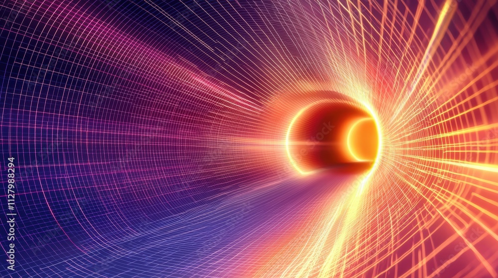 Poster vibrant energy flow in abstract tunnel with light rays and grids