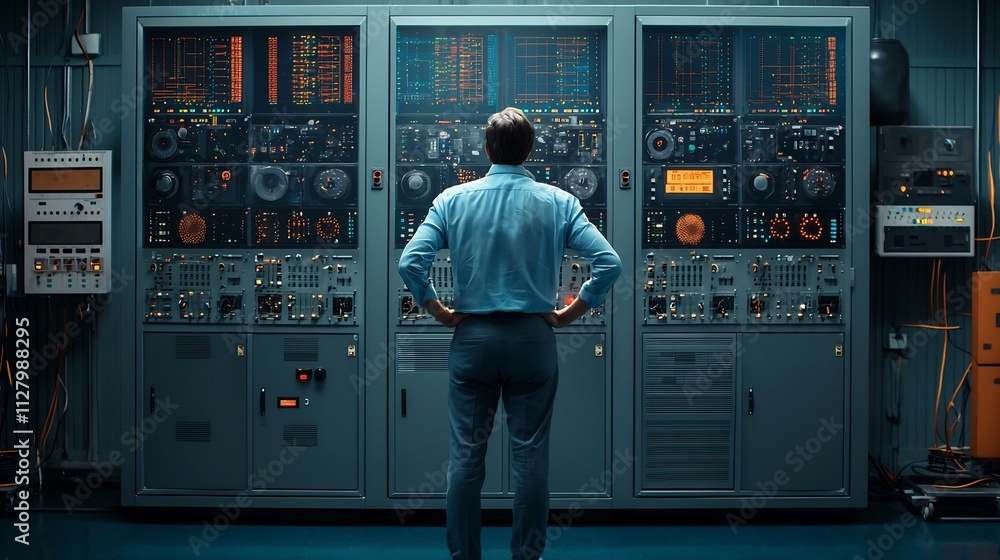 Poster Technician standing in front of a massive digital dashboard displaying real time network activity and analytics in a high tech data center leaving copy space at the bottom left