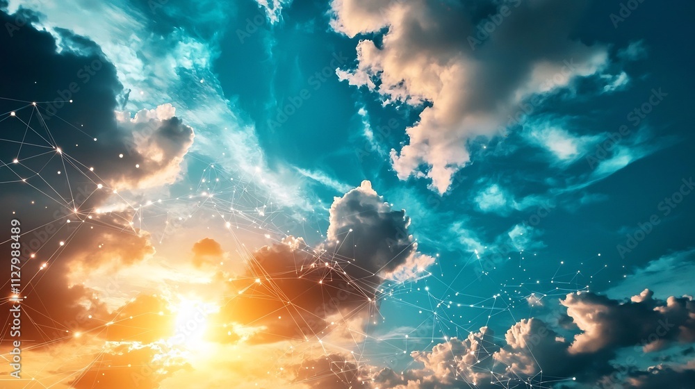 Poster a serene and tranquil sky with an interconnected atmospheric monitoring network visualized through m