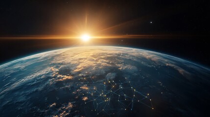 Obraz premium Satellite Network Connectivity Across Earth s Atmosphere Visualized from a Distant Space Perspective Showing Global Digital Communication Systems