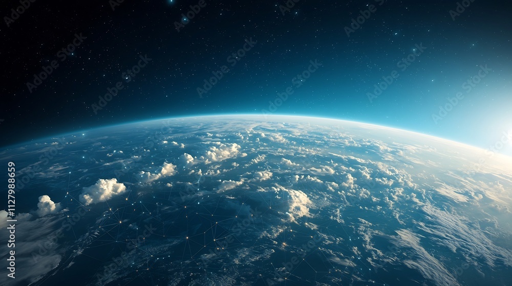 Poster a breathtaking view from space showcasing earth s layered atmosphere highlighted with a vibrant netw