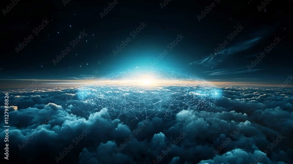 Poster holographic overlays visualizing smart network for atmospheric data collection in the troposphere ad