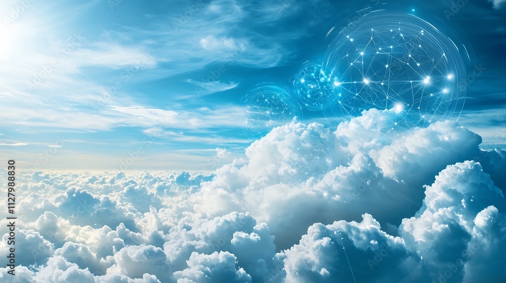 Poster holographic overlay visualizing a smart network for atmospheric data collection in the cloudy tropos