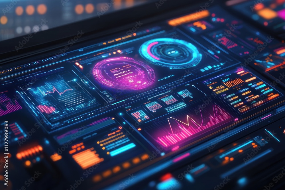 Poster futuristic digital dashboard displaying data analytics, graphs, and charts.