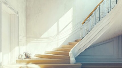 Obraz premium Elegant Wooden Staircase in a Bright White Room