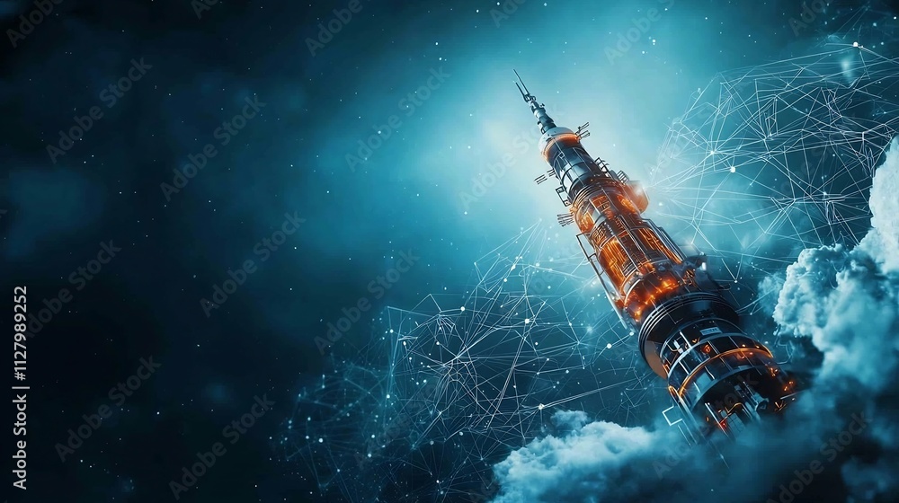 Poster visualization of a high altitude weather monitoring station with digital network lines and satellite