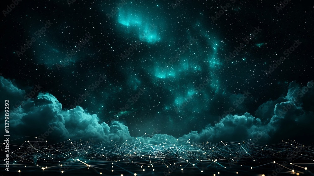 Poster stunning aurora borealis lighting up the night sky overlaid with a digital network of atmospheric se