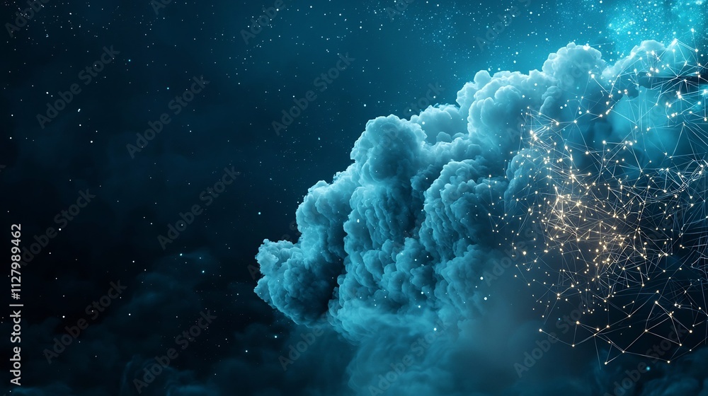 Poster a photograph depicting a dense cloud formation with glowing nodes visualizing the interconnected wea