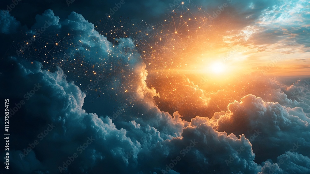 Poster interconnected weather systems visualized in the atmospheric cloud formations with glowing nodes rep
