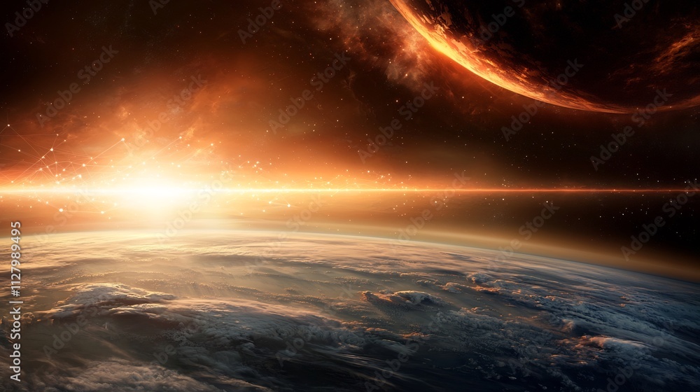 Poster a photograph of earth s horizon from space layered with glowing digital lines representing atmospher