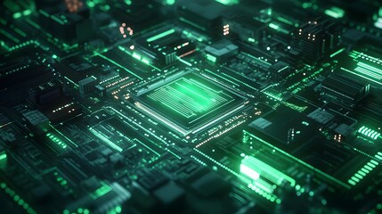 Fototapeta premium Futuristic Green Circuit Board with Glowing Central Processing Unit Highlighting Advanced Technology, Microchips, and Cybernetic Innovation in a High-Tech Environment of Connectivity