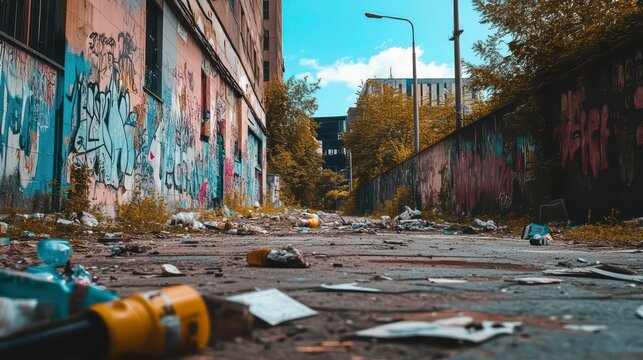 Graffiti-covered alleyway littered with trash and debris.