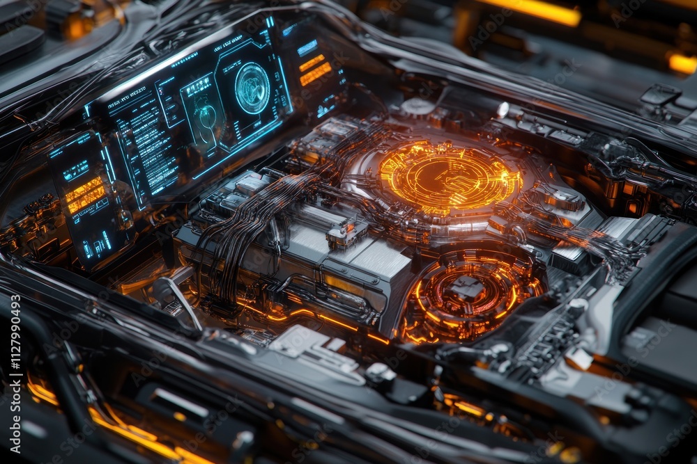 Poster futuristic vehicle engine with glowing orange core and digital interface.