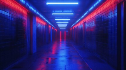 Fototapeta premium Neon Lit Hallway Red And Blue Fluorescent Lights