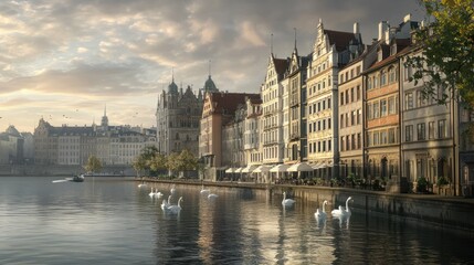 Obraz premium Quiet riverside cityscape, swans in the water, mix of historic and modern buildings, early morning,