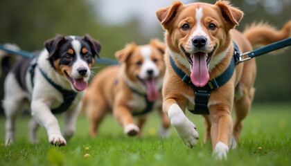 Dogs playfully walking on leashes in a green park during a sunny day