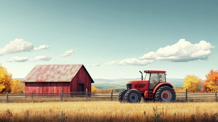 Fototapeta premium Tranquil Autumn Farm Scene: Red Tractor and Barn in Golden Field