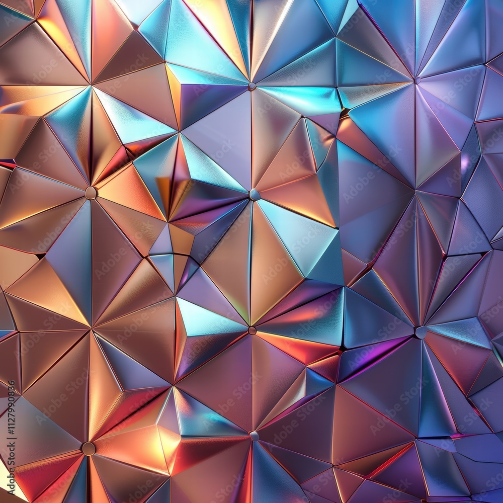 Poster colorful geometric pattern with shiny metallic facets and depth