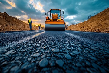 New hot asphalt with rollers. Road construction.
