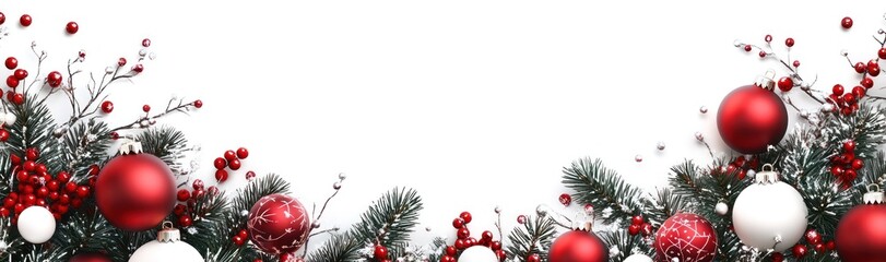 christmas festive holiday decoration with a border of pine branches, red berries, and various Christmas ornaments in red, white, and silver hues. The decorations hang from the top,