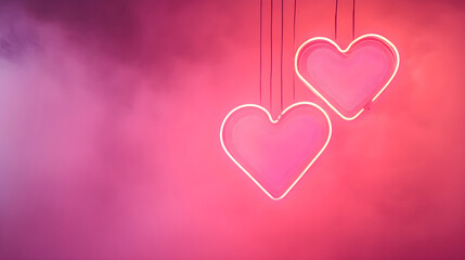 Glowing heart-shaped neon lights suspended in a soft pink misty background conveying a modern valentine's vibe