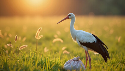 Fototapeta premium Stork standing gracefully in a sunlit field with a bag at sunset