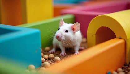 Fototapeta premium White pet mouse exploring a colorful maze of wooden blocks in a playful environment