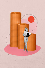 Vertical art creative trend collage of happy girl hold clipboard coin income stack millionaire...