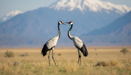 Fototapeta premium Elegant cranes display courtship behavior in a scenic natural landscape at dusk