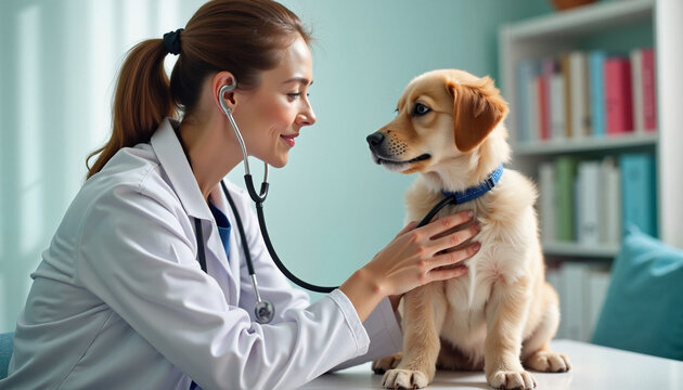 Veterinarian examines a puppy in a bright clinic with modern medical equipment during a routine checkup