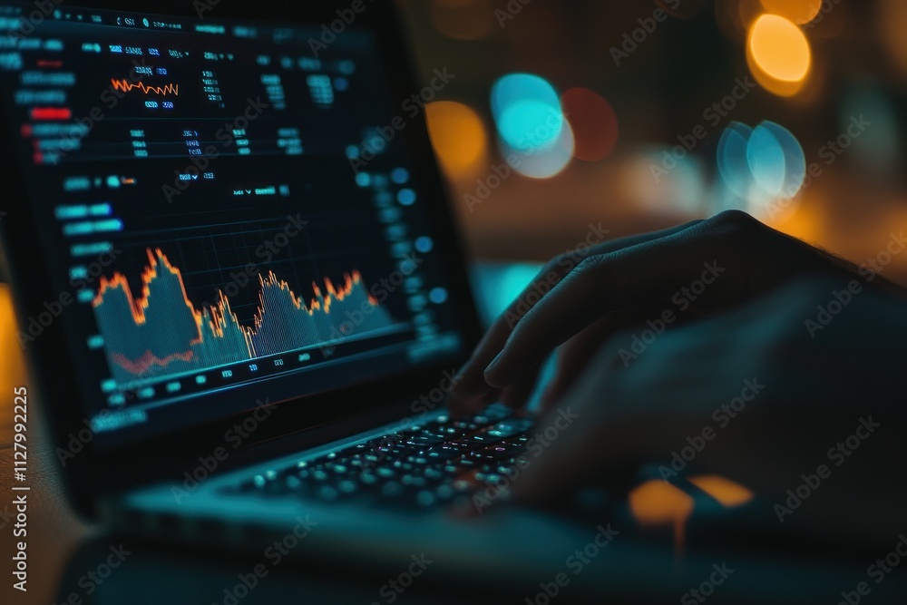 Poster night trader analyzing stock market data on laptop.