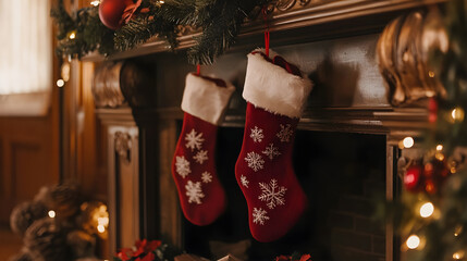 Traditional Christmas stockings hanging on a decorated fireplace with empty space above for adding custom messages