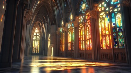 Obraz premium Sunlit cathedral, stunning stained glass, Gothic architecture.