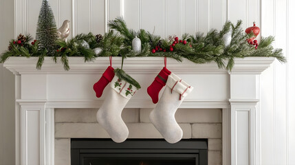 Traditional Christmas stockings hanging on a decorated fireplace with empty space above for adding custom messages