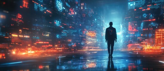 A Solitary Figure in a Futuristic Digital Metropolis