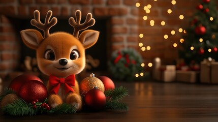Cute Reindeer with Red Bow Amidst Festive Ornaments and Lights