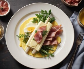 Overhead shot of a modern plate showcasing white asparagus combined with a fluffy herb-filled omelette and slices of prosciutto, brunch idea, protein-rich