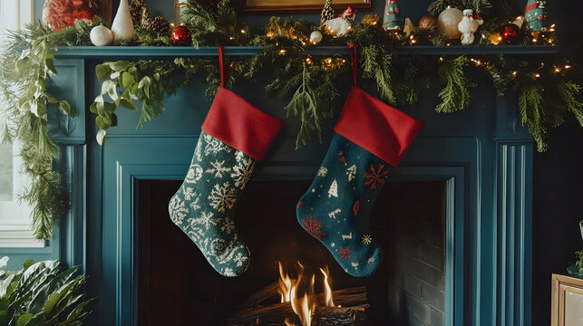 Traditional Christmas stockings hanging on a decorated fireplace with empty space above for adding custom messages