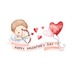 Watercolor Illustration Pink Ribbon and Happy Valentine Day Text with Cute Cupid and Heart Balloons