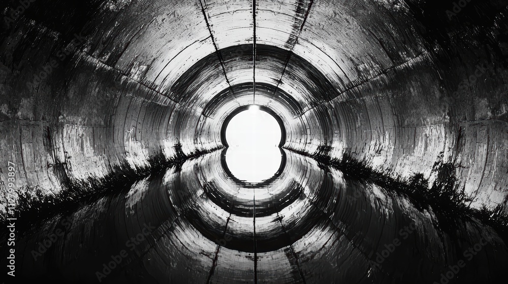 Poster Dark Circular Pipe with Water Reflection and Bright Exit Light