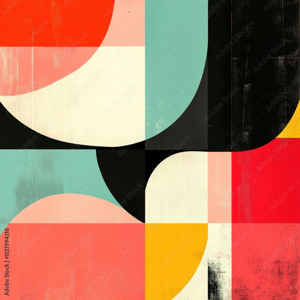 Aufkleber Abstract Colorful Geometric Shapes with Soft Curves and Bold Blocks