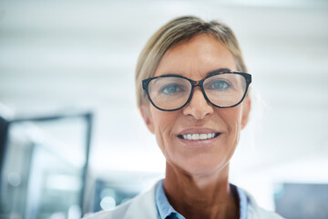 Portrait, science and woman in lab, research and medical professional with glasses. Face, mature person and consultant with eyewear, confidence and career ambition with chemistry and biotechnology