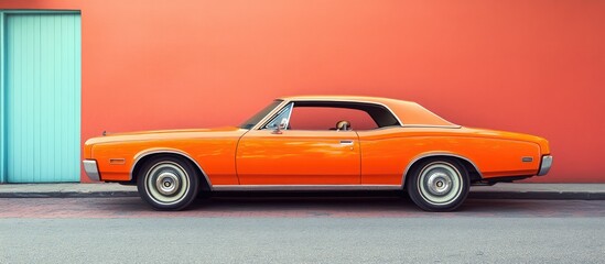 Obraz premium Classic Orange Coupe Parked Against a Vibrant Wall