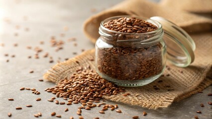 Captured in a closeup is a glass jar overflowing with flaxseeds nestled a a dreamy arrangement of loosely tered seeds. The soft morning light bathes the scene in a warm glow