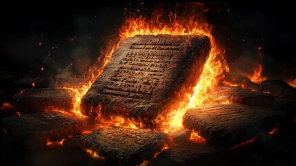 Flames of the Ten Commandments Stone Tablets Exposed in Fire and Light