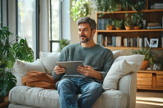 Middle aged man relaxing on sofa using tablet in modern living room with natural light and plants