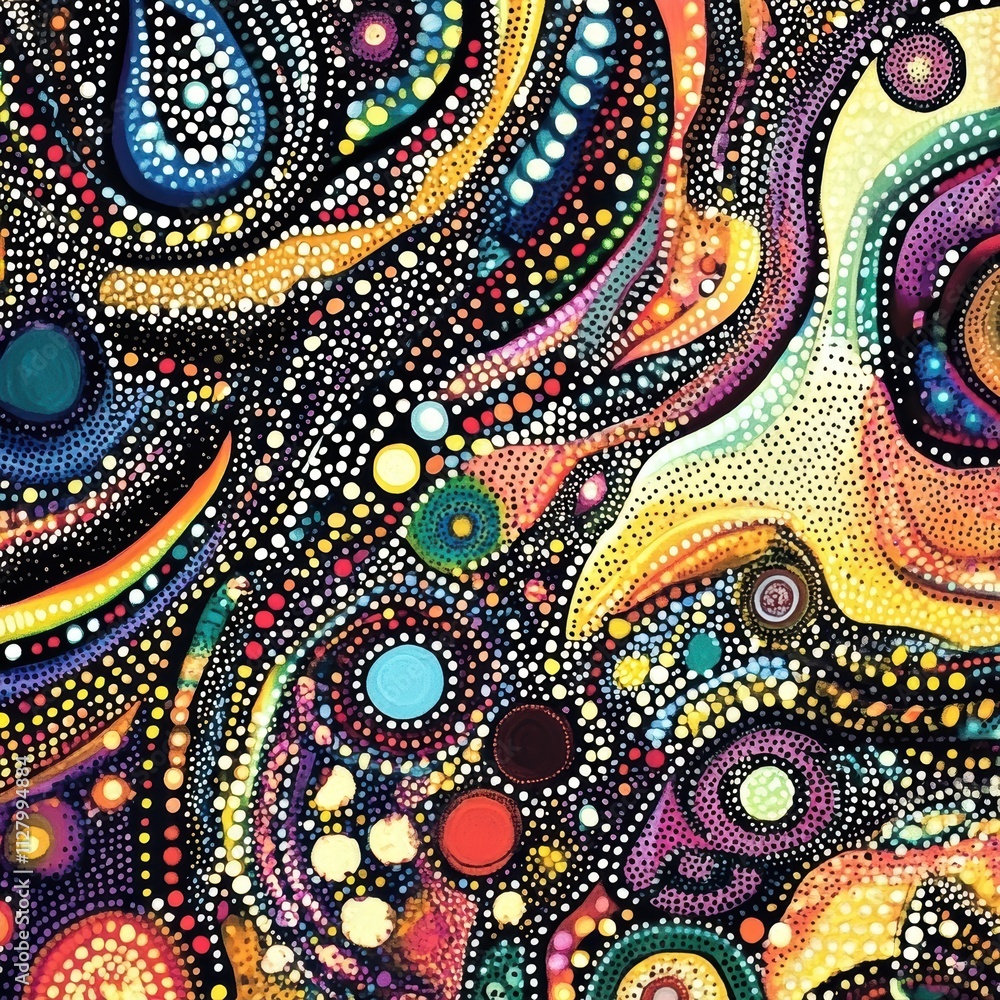 Poster colorful abstract art with dots and swirls in cosmic style