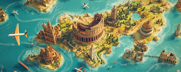 Fototapeta premium vibrant world map with cartoon like details, featuring iconic landmarks, islands, and transportation like planes and boats, creating playful and imaginative atmosphere