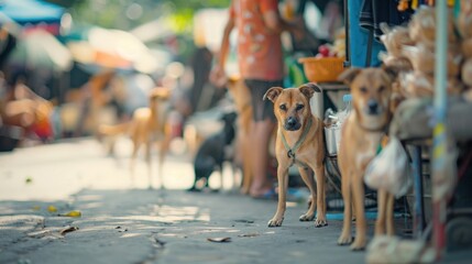 A defocused look at the busy activity at the vendors booths with curious dogs sniffing at their wares.